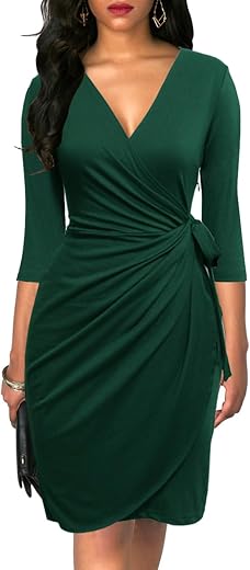 Berydress Women's 3/4 Sleeve V Neck Casual Party Work Faux Black Wrap Dress | Elegant Cocktail Dresses, Midi Knee Length, Ruched Sheath Bodycon, For Wedding Guest, Christmas, Business Wear to Work
