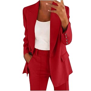 Women Business Casual Blazer Sets Matching 2 Piece Suit Outfits Open Front Lapel Blazer and Length Pants Office