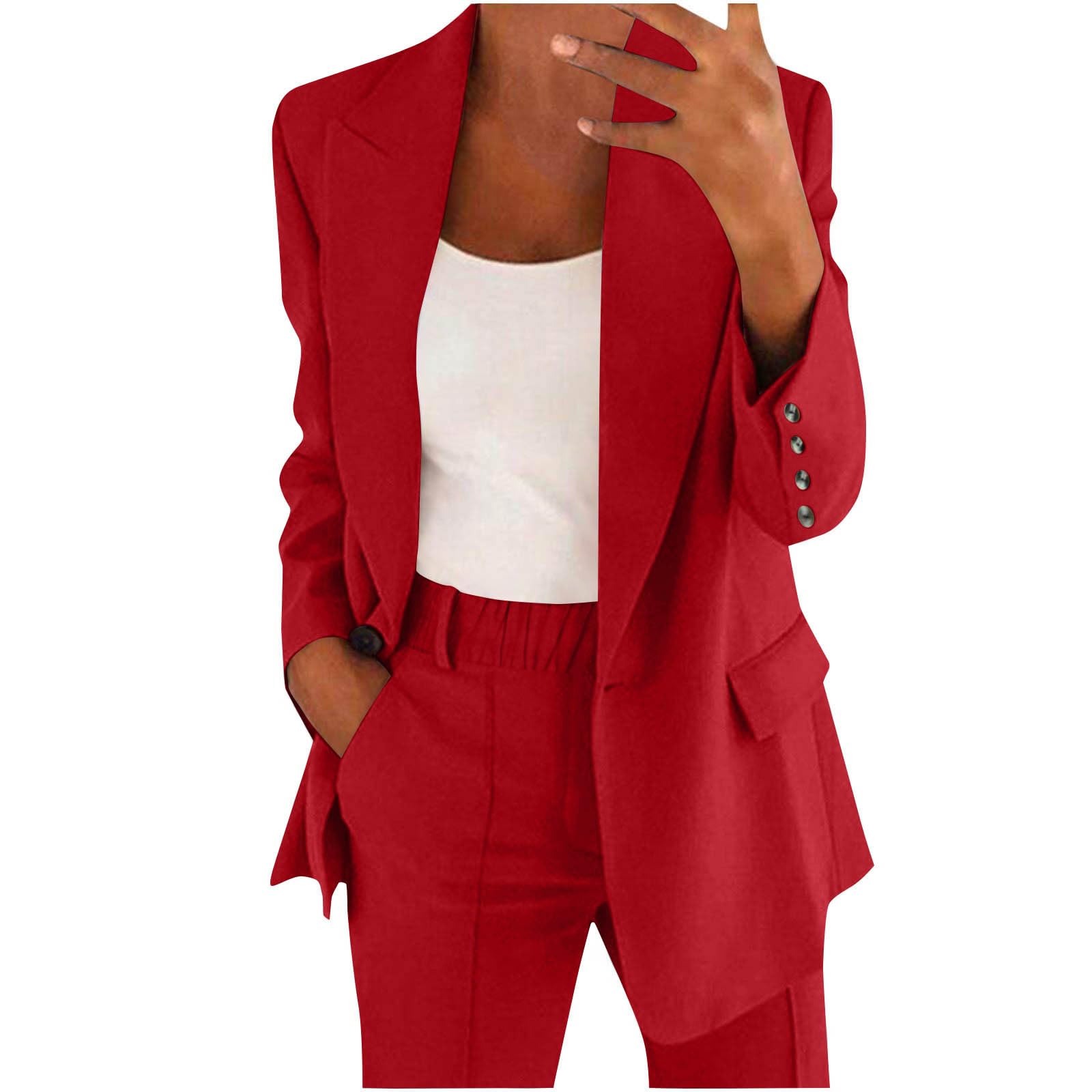 Women Business Casual Blazer Sets Matching 2 Piece Suit Outfits Open Front Lapel Blazer and Length Pants Office