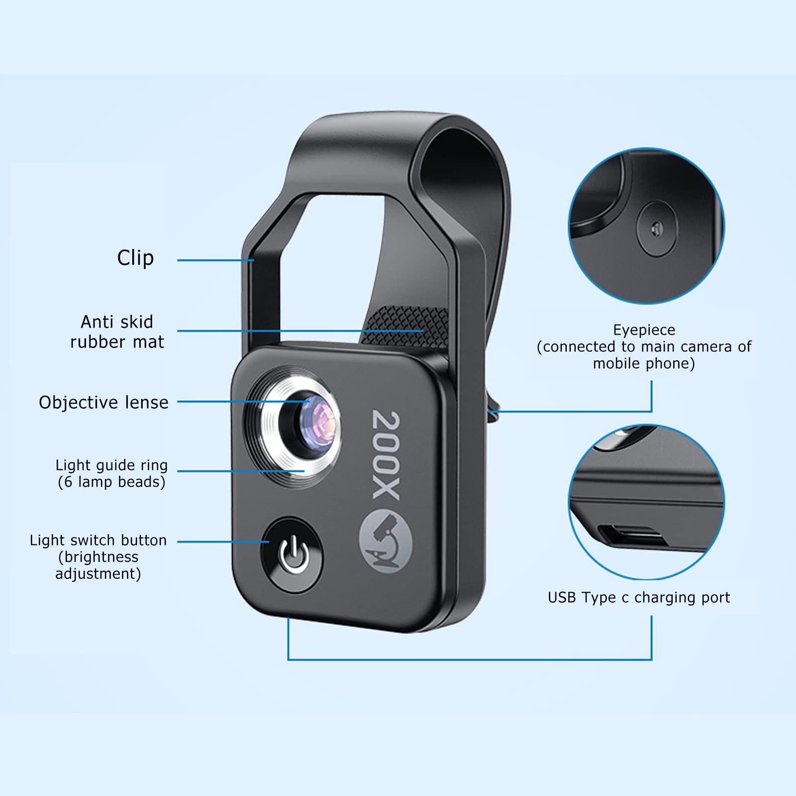 Mini Microscopio de Bolsillo para Teléfono 200X, Microscopio Portátil con Luz LED, Microscopio para Teléfono con Clip con CPL Universal, Microworld para Niños y Adultos (Negro)