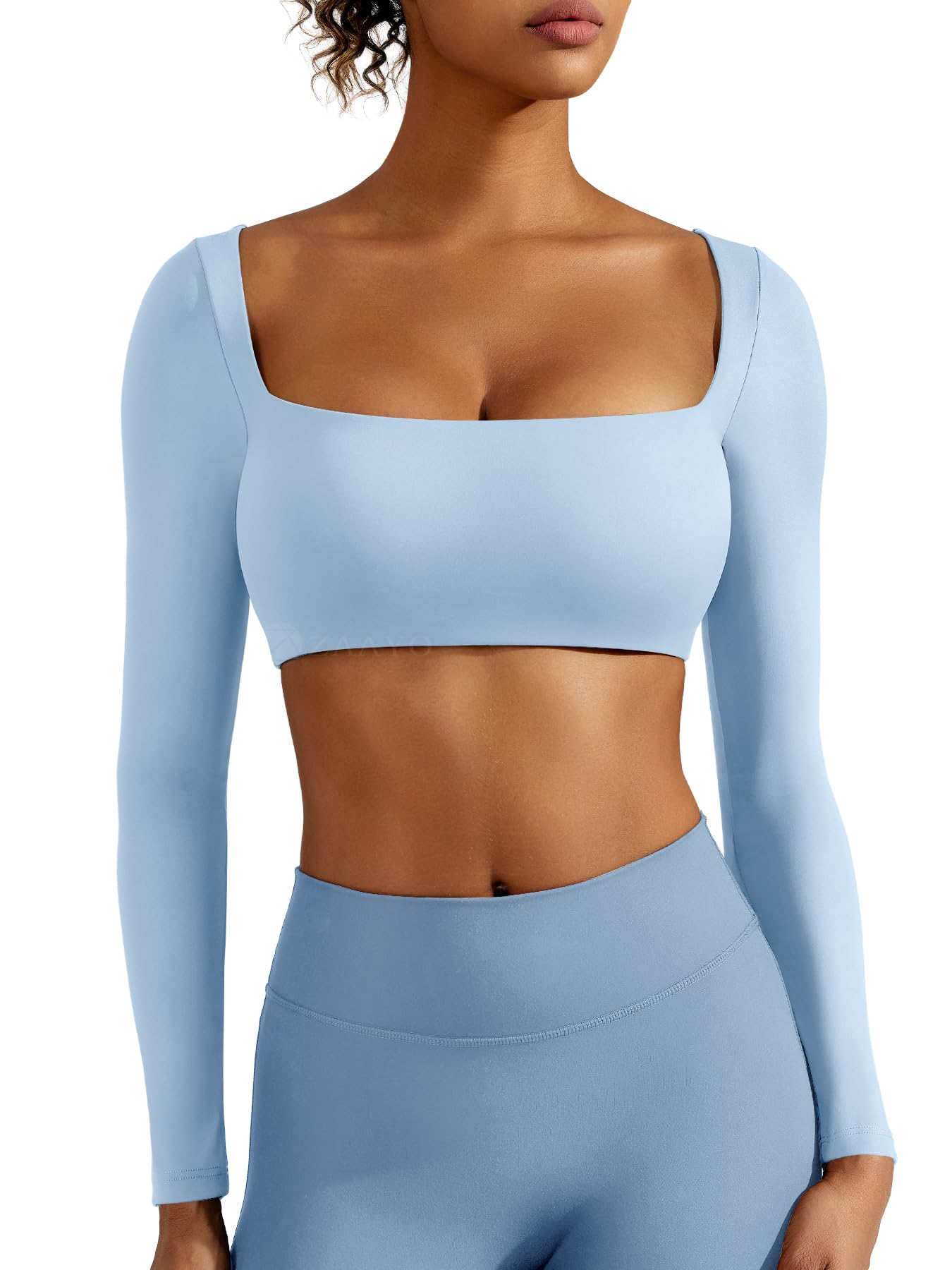 ZAAYO Top de manga larga para mujer, manga larga, para gimnasio, deporte, con sujetador integrado, camiseta básica de manga larga para mujer, con escote cuadrado