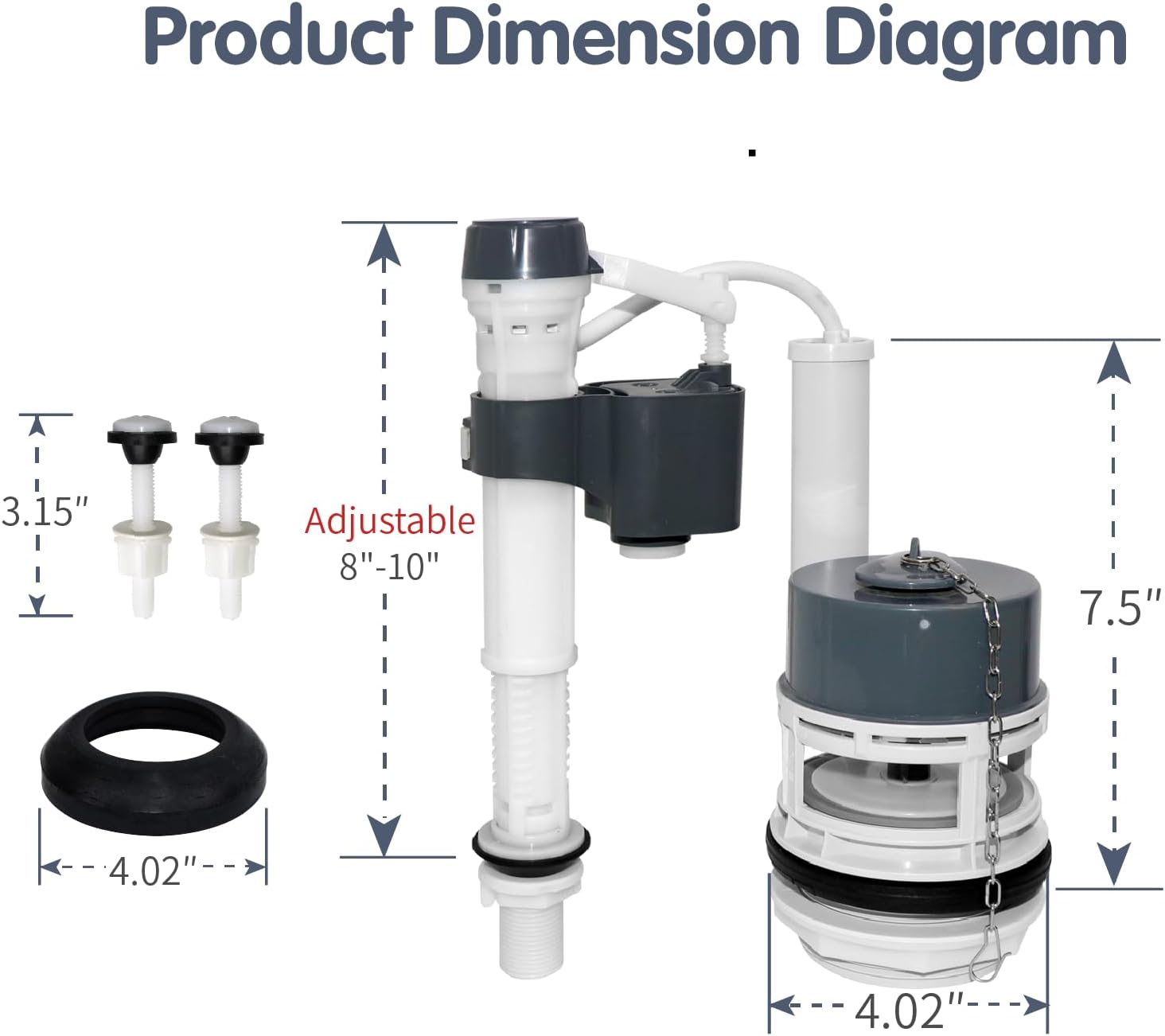 Universal 3-Inch Toilet Flush Valve Repair Kit for 2-Piece Toilets - Upgraded Version, Includes Flush Valve, Adjustable Fill Valve, Gaskets, Bolts