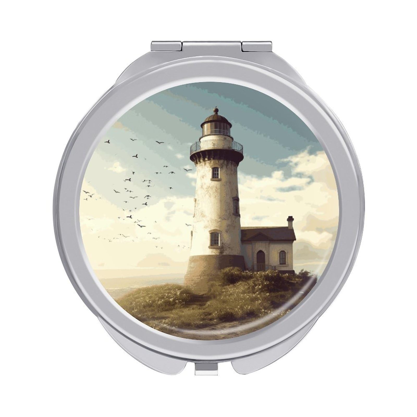 Fekiloot Style Old Lighthouse Travel Makeup Mirror Handheld Compact Mirror Portable Pocket Mirror Double-Sided 1X/2X Magnifying For Handbag And Purses