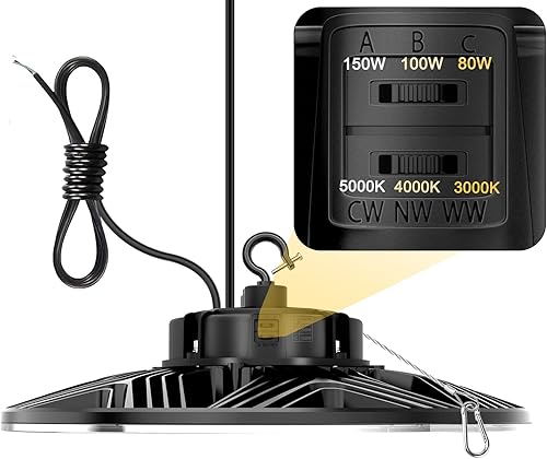 Luz LED UFO de alta bahía, 150W/100W/80W ajustable, 3000K/4000K/5000K ajustable, UL y DLC 21000LM 0-10V regulable IP65 impermeable alta Bahía luces