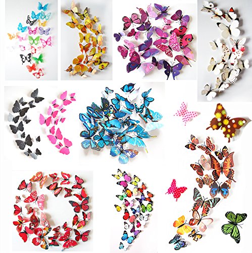 3D Schmetterlinge Blumen 12er Set Dekoration Wandtattoo (Alive (pink-lila))