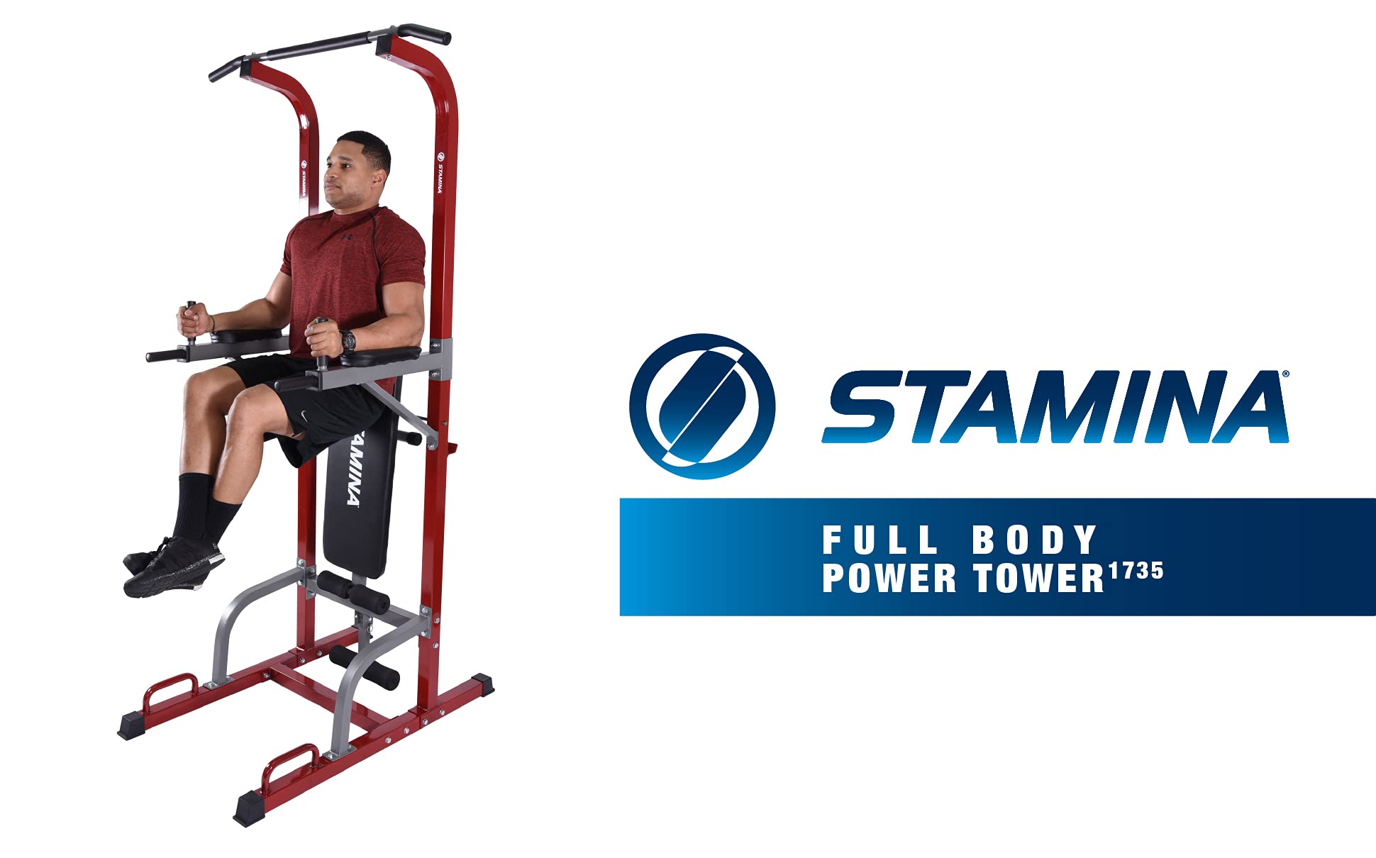 Stamina Full Body Power Tower 1735 | Pull-Ups, Dips, Vertical Knee Raise Stations | Includes Upholst