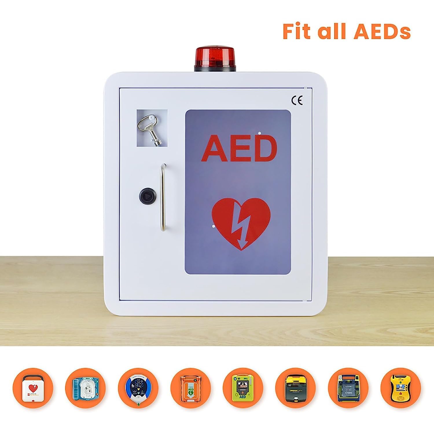 AED-Defibrillator-Aufbewahrungsschrank, wandmontierter Herz-Defibrillations-Alarmkasten aus Stahl mit Schlüssel, Erste-Hilfe-Koffer, 14,1 * 7,9 * 15,7 Zoll, passend für die meisten AED-Modelle, für