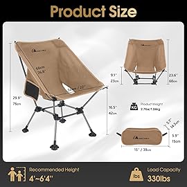 MOON LENCE Camping Chair Plus, Upgraded Comfort & Size, Still Compact and Lightweight, Folding Portable Chair for Backpacking & Hiking, 400Lbs Capacity, Gen 3 Plus (Khaki with Groundgrip Feet (Plus))