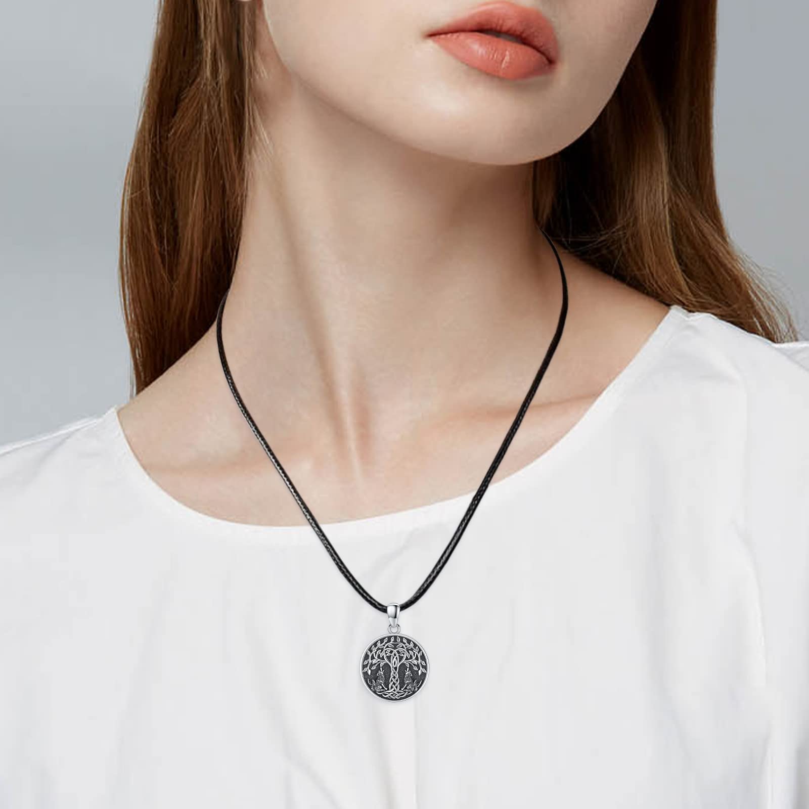 Cadena de árbol de la vida para hombre de plata de ley 925 árbol de la vida cuervo lobo colgante celta nudo redondo amuleto vikingo joyas regalos para mujeres hombres