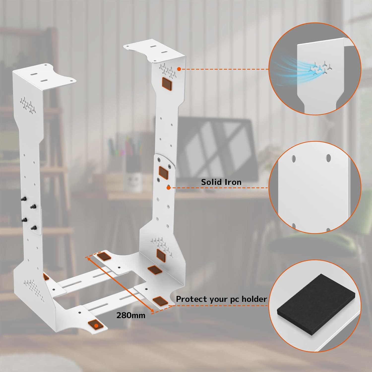 PUTORSEN Under Desk PC Mount, 7.9-13.4’’ Width Adjustable Computer Tower Stand, up to 77 lbs, with Protective Mats, for Mid/Mini-Tower Case in Office,Gaming, Laboratory and Home, White