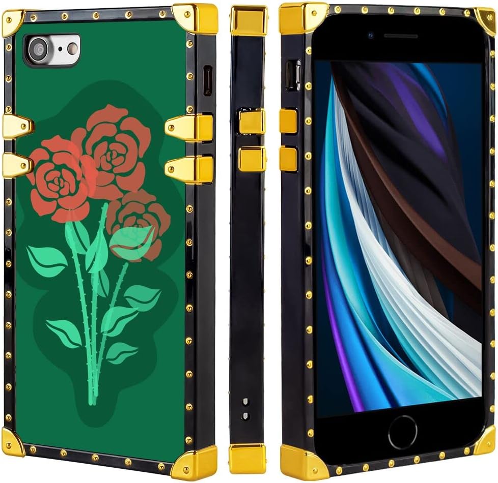 Mavzihok Phone Case Compitable with iPhone 7/8/SE2 Rose Flower Art Design Shockproof Slim Fit Rubber Protective Cover Black Edge Mobile Cellphone Case Metal Style-1570