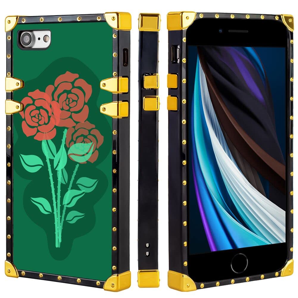 Mavzihok Phone Case Compitable with iPhone 7/8/SE2 Rose Flower Art Design Shockproof Slim Fit Rubber Protective Cover Black Edge Mobile Cellphone Case Metal Style-1570
