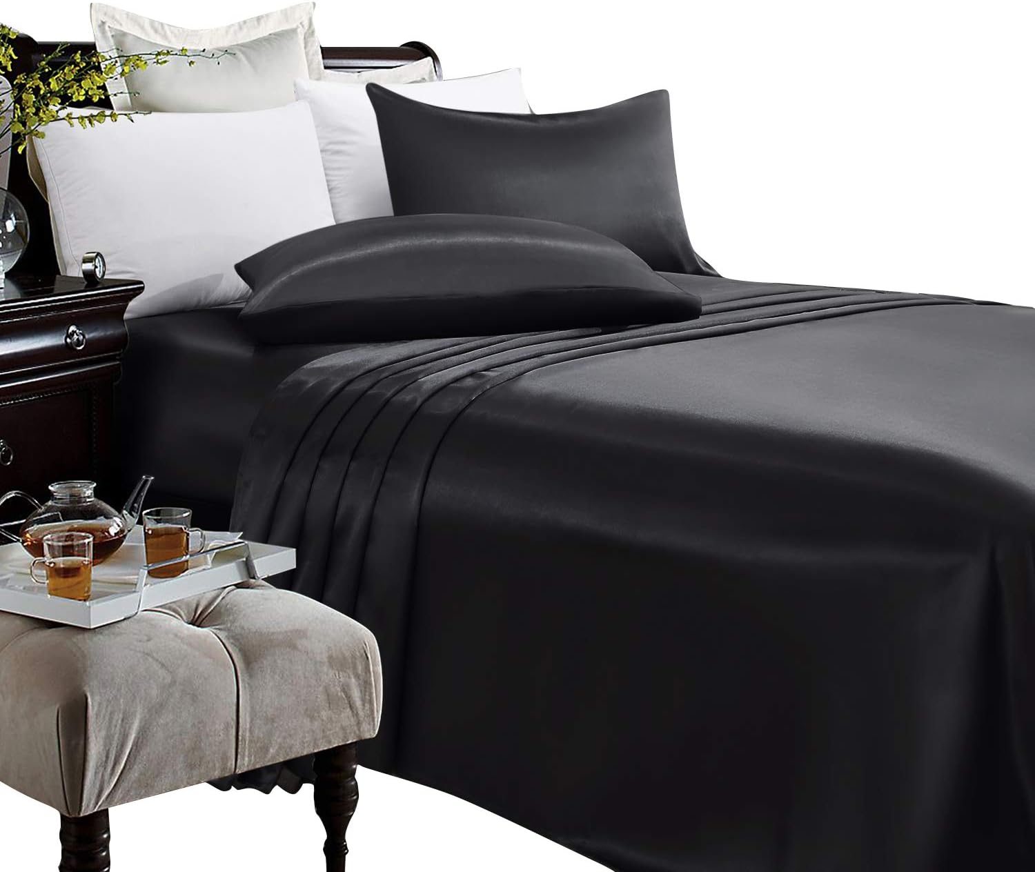 ARTALLSatin Bed Set Silky Soft 4 Pcs Bedding Set with Deep Pocket Satin Sheet Set King Size with 2 Pillowcase, Black