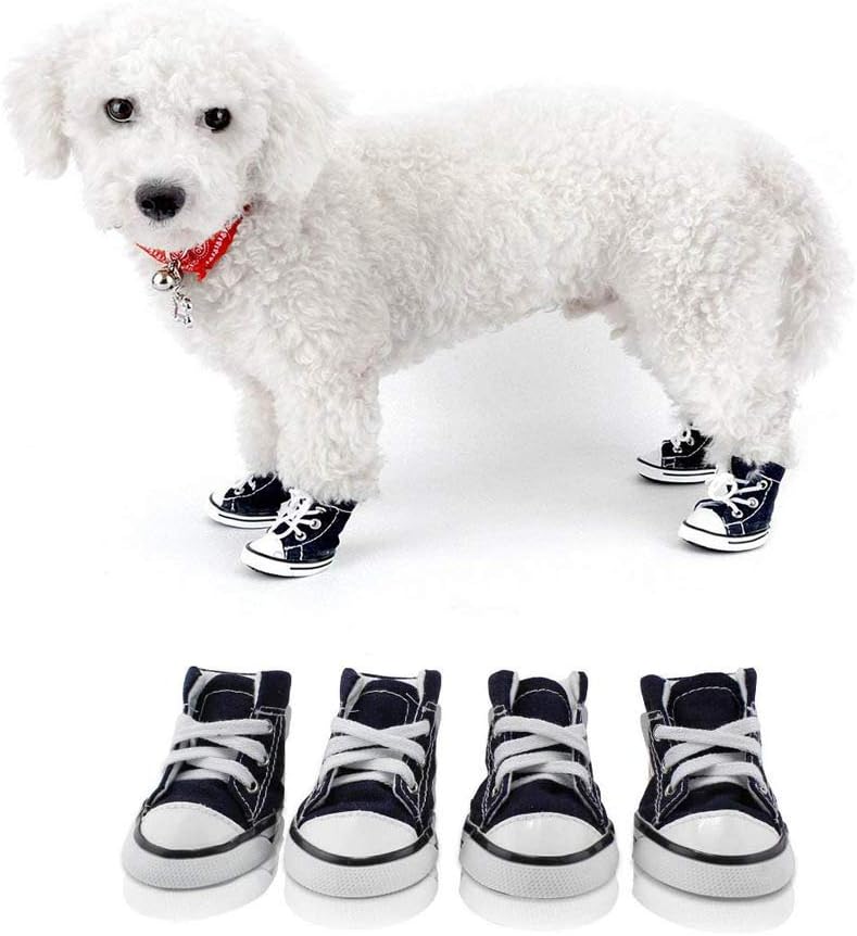 CELLTEK Pet Dog Puppy Canvas Sport Shoes Sneaker Boots, Outdoor Nonslip Causal Shoes, Rubber Sole for Chihuahua Yorkie, 4 Pcs in One Pack (M(Weight for 6~8lb), Blue)
