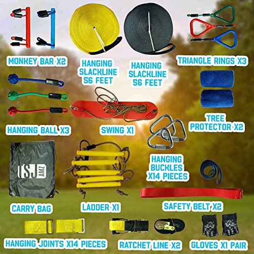 Ninja Warrior Obstacle Course for Kids 3 to 5-2X56 feet Slackline Kit with Durable Saucer Swing, Climbing Ladder, Monkey Bars, Gym Ring – Outside Ninja Warrior Training Equipment for Kids