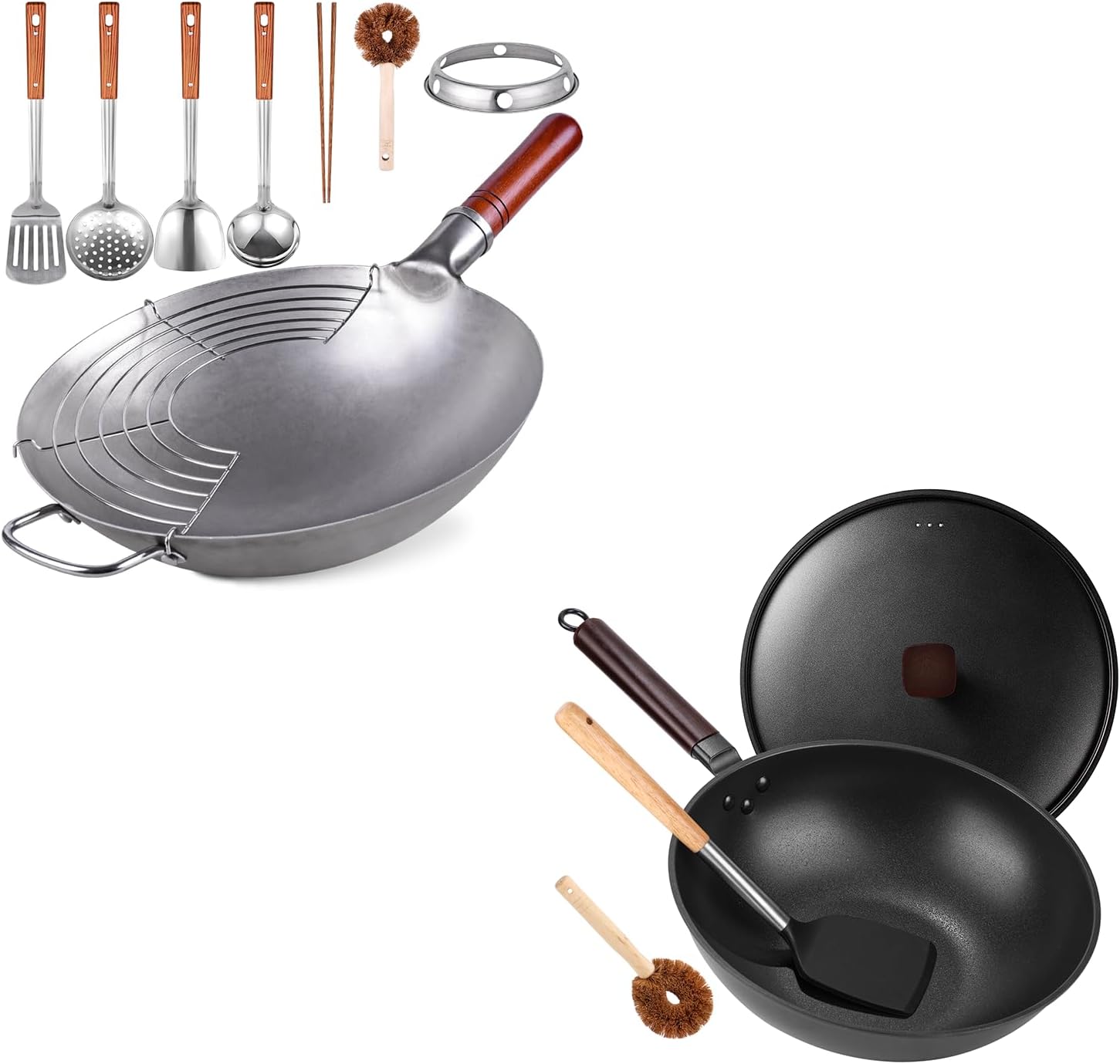 13.4” Chinese Wok Round Bottom Wok & 13” Wok Pan with Lid, Woks & Stir-fry Pans with 10 Cookware Accessories Bundle Deal