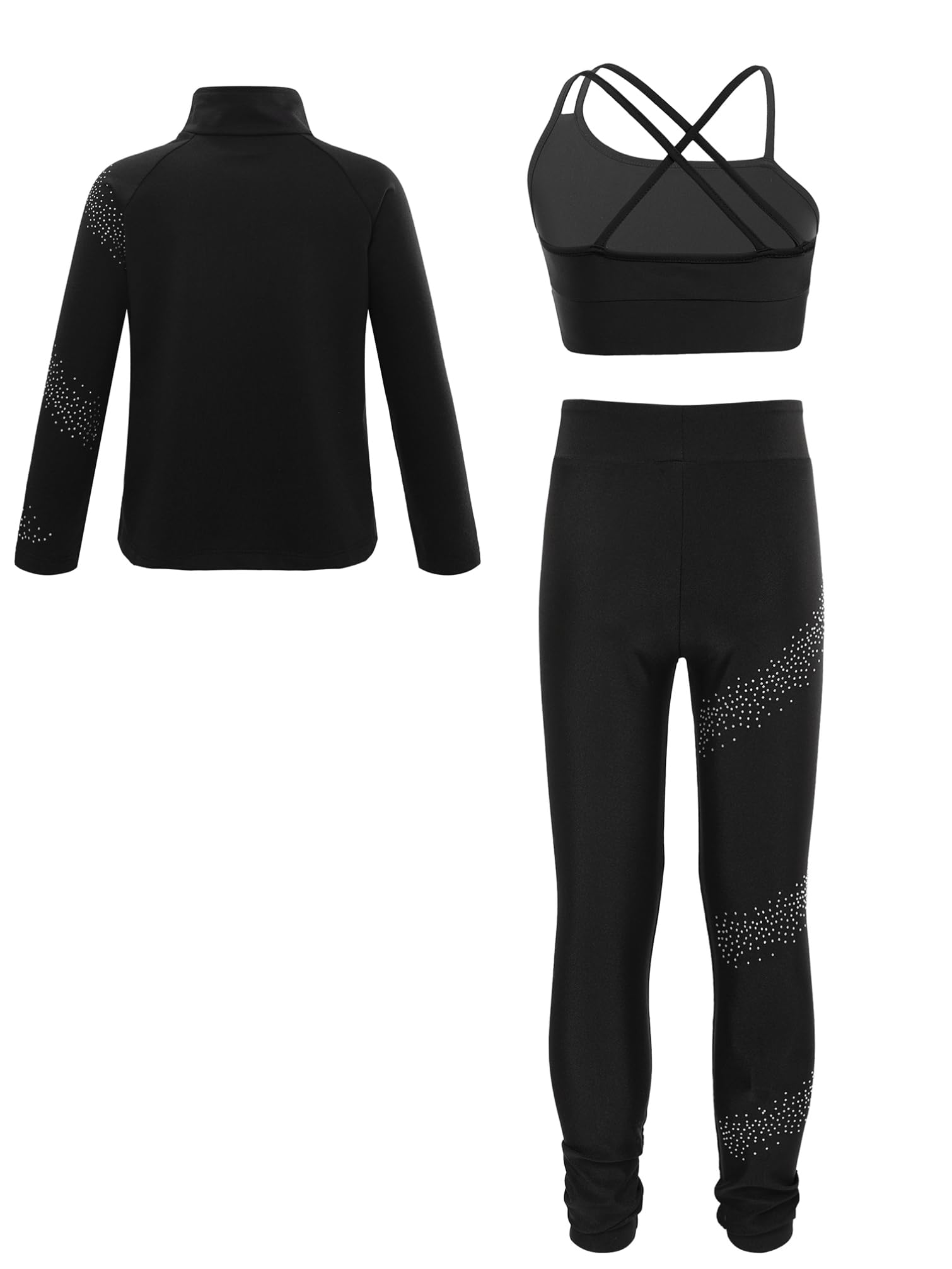 TiaoBug Enfant Fille Survêtement de Sport Veste Manches Longues Strass et Débardeur et Pantalon Legging Sport Ensemble Patinage Artistique Costume Compétition 5-14 ans