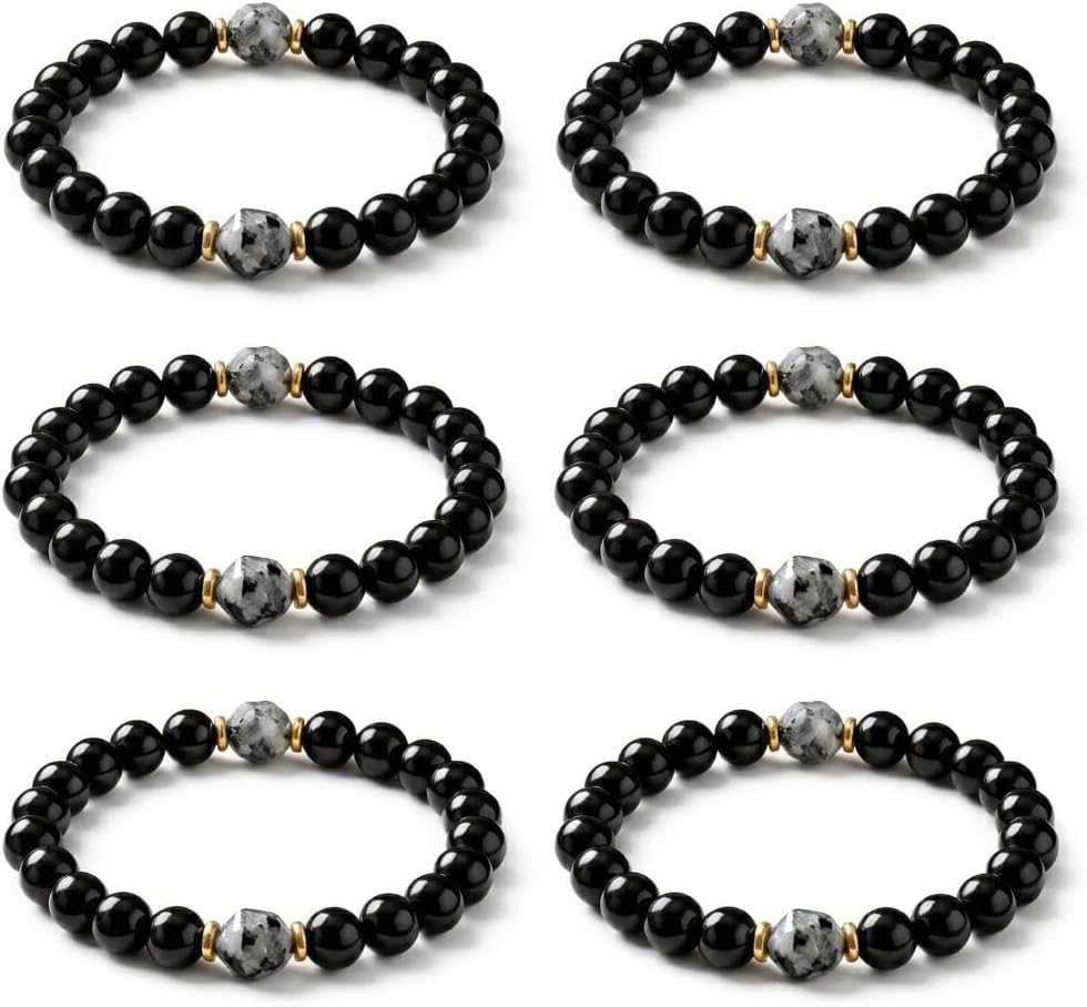 6 Pack Veylor Obsidian And Black Tourmaline Bracelet, 8mm Elastic Ground Beaded Bracelets, Unisex Natural Gemstone Protection Manifestation Energy Crystal Bracelets for Men Women