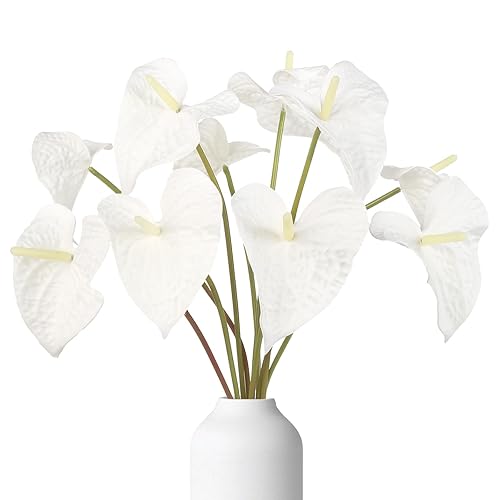 White Anthurium Artificial Flowers 10pcs, 23.6" Fake White Tropical Flowers