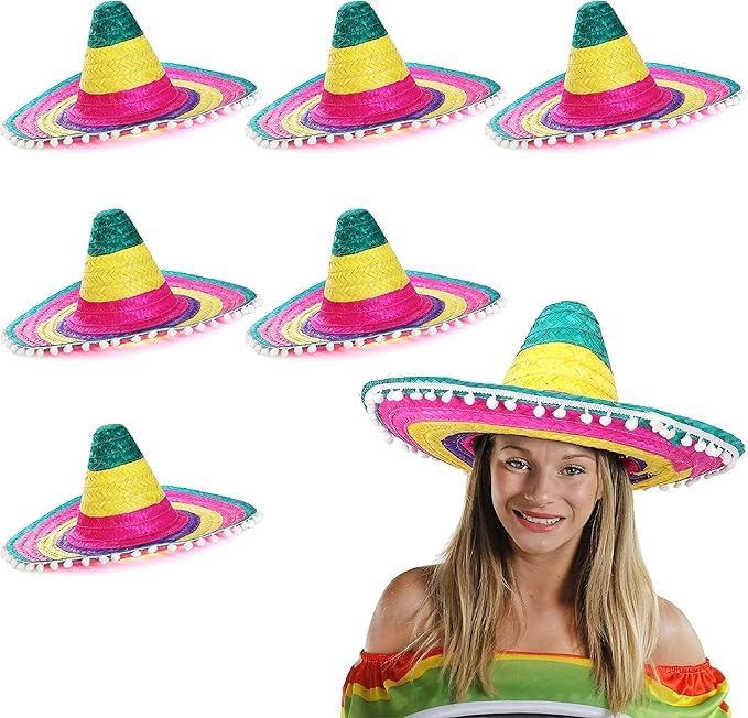6x Mexican Straw Sombrero Hats with Pom Pom Trim – Multicolour Fancy Dress Accessories for Adults – Fiesta Party Costume Hats for Men & Women