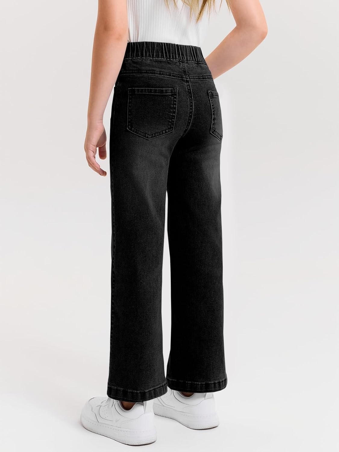 Haloumoning Girls Wide Leg Jeans Kids Elastic Waist Pull On Stretchy Baggy Denim Pants with Pockets 5-14 Years