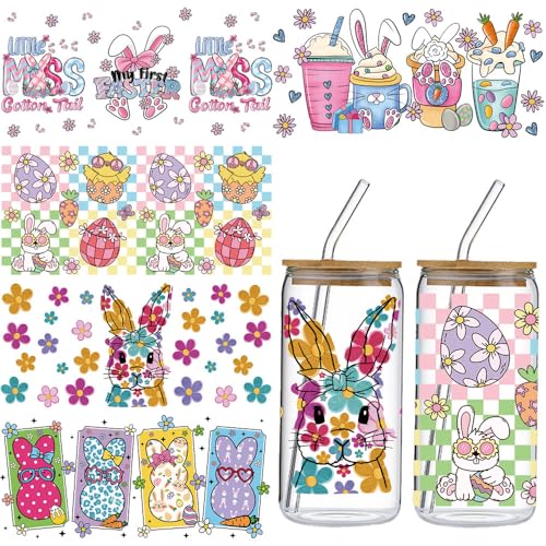 JATOMSSM Easter UV DTF Cup Wraps - 5 Sheets Colorful Rabbit Easter Egg Floral Drink Pattern UV DTF Transfers Stickers for 16 OZ Libbey Glass Cups Crafts Water Bottles Home Decor Basket Easter Gifts
