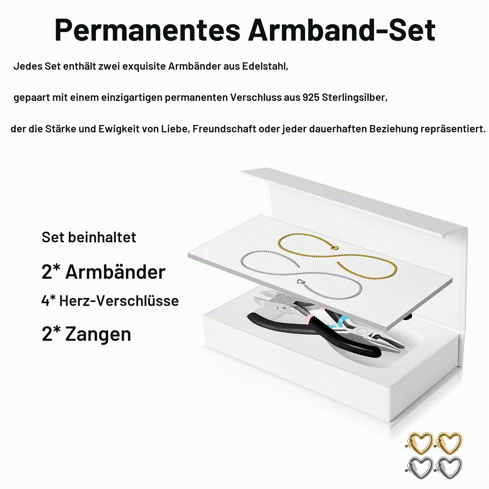 Permanentes Armband Set, DIY Permanent Bracelet mit 925 Sterling Silber 4 Herzverschlüssen Herstellungs Schmuck, für Valentinstag, Jahrestage, Familien und Freundschaftsgeschenke
