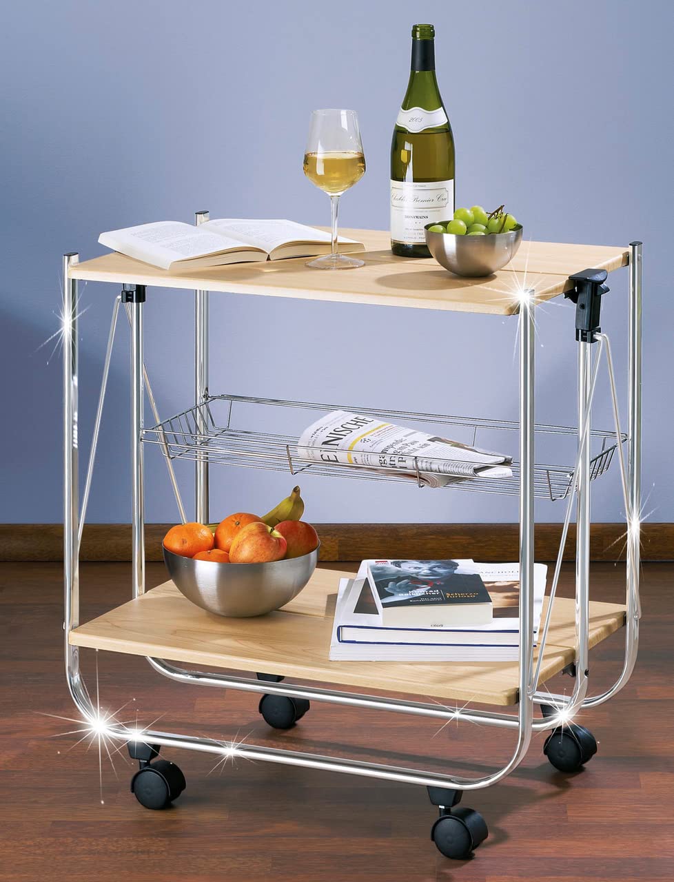 WENKO Chariot de Service Dinett Deluxe érable, 2 étagères & Panier grillagé allongé, avec 4 roulettes faciles à manier, Rabattable, en Acier chromé Robuste, Charge maximale 40 kg