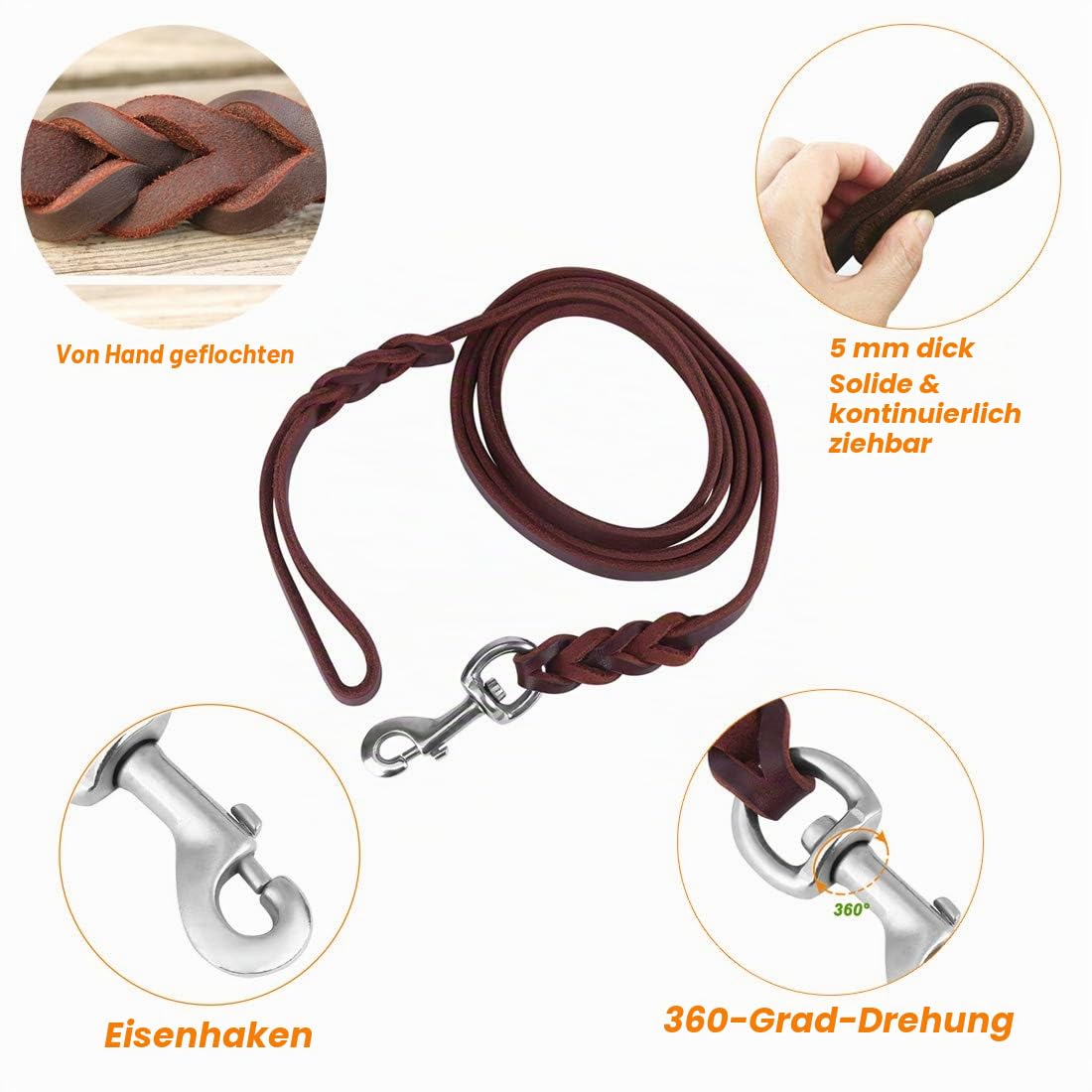Leder Hundeleine 1,2m /1,6m /2,1m Lange Heavy Duty Haltbarkeit Hundeführleine Sicherheitsseil Hochwertiger Fettlederlein Reißfeste Und Geflochtene Hundeleinen für Groß Mittel Hunde Gehtraining 2,1M