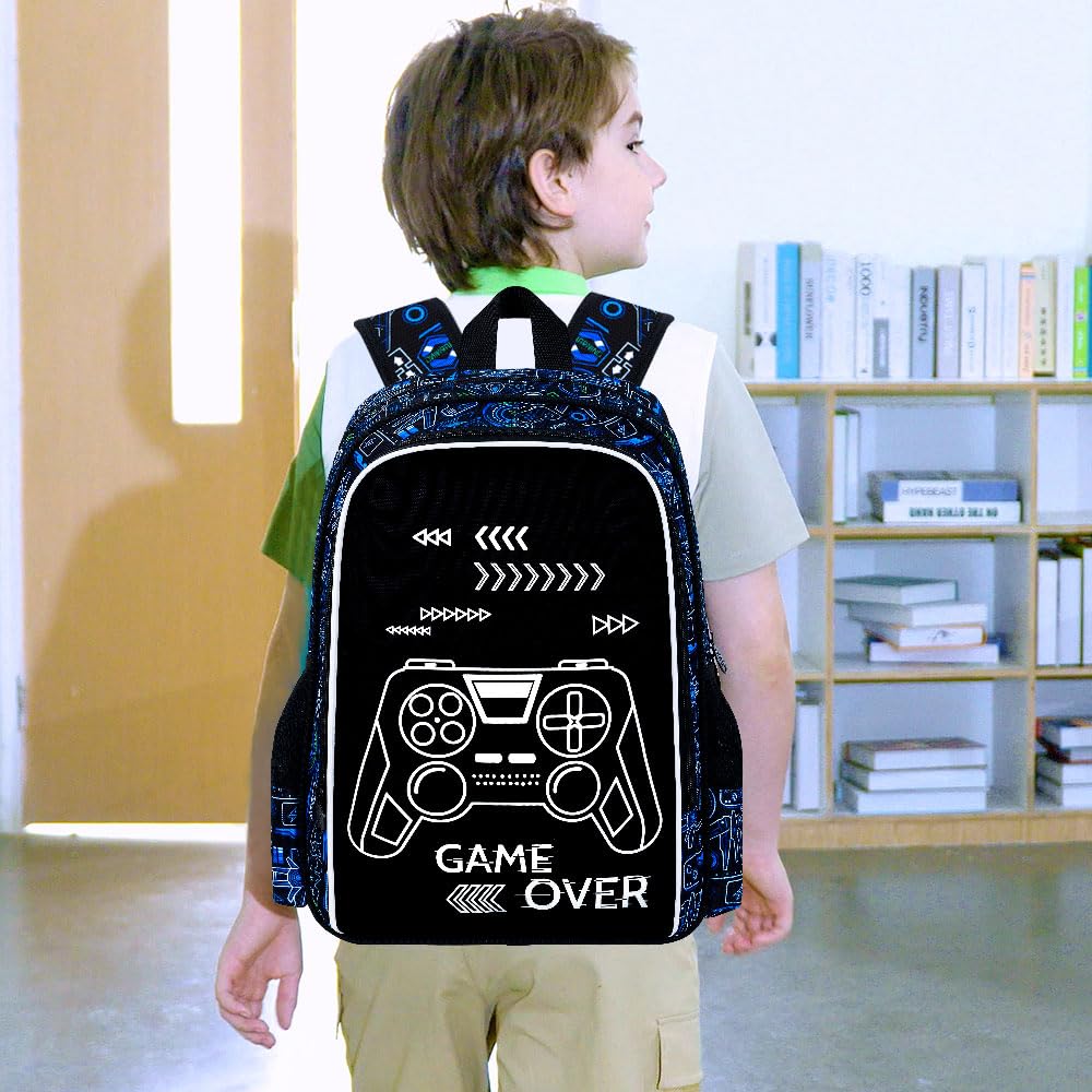 ZLYERT 17 Inch Glow in The Dark Backpack, 3Pcs Gamer Bookbag for Boys With Lunch Box, School Laptop Backpacks Set For Teens(Blue)