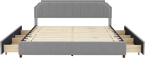Miniatura 4 de BIADNBZ Cama de plataforma tapizada tamaño King con cuatro cajones de almacenamiento, marco de cama de terciopelo y madera con cabecera y patas de
