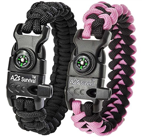 Paracord Bracelet K2-Peak – Survival Bracelets with Embedded Compass Whistle EDC Hiking Gear- Camping Gear Survival Gear Emergency Kit (Black / Pink 7.5