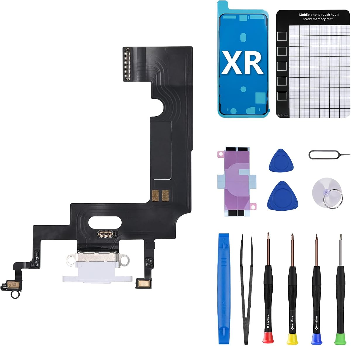 para iPhone XR Puerto de carga Puerto de auriculares OEM de repuesto | Conector de base de carga USB blanco, Cable de cinta de antena de micrófono con kit de reparación, almohadillas magnéticas A1984 A2105 A2106 A2107 A2108