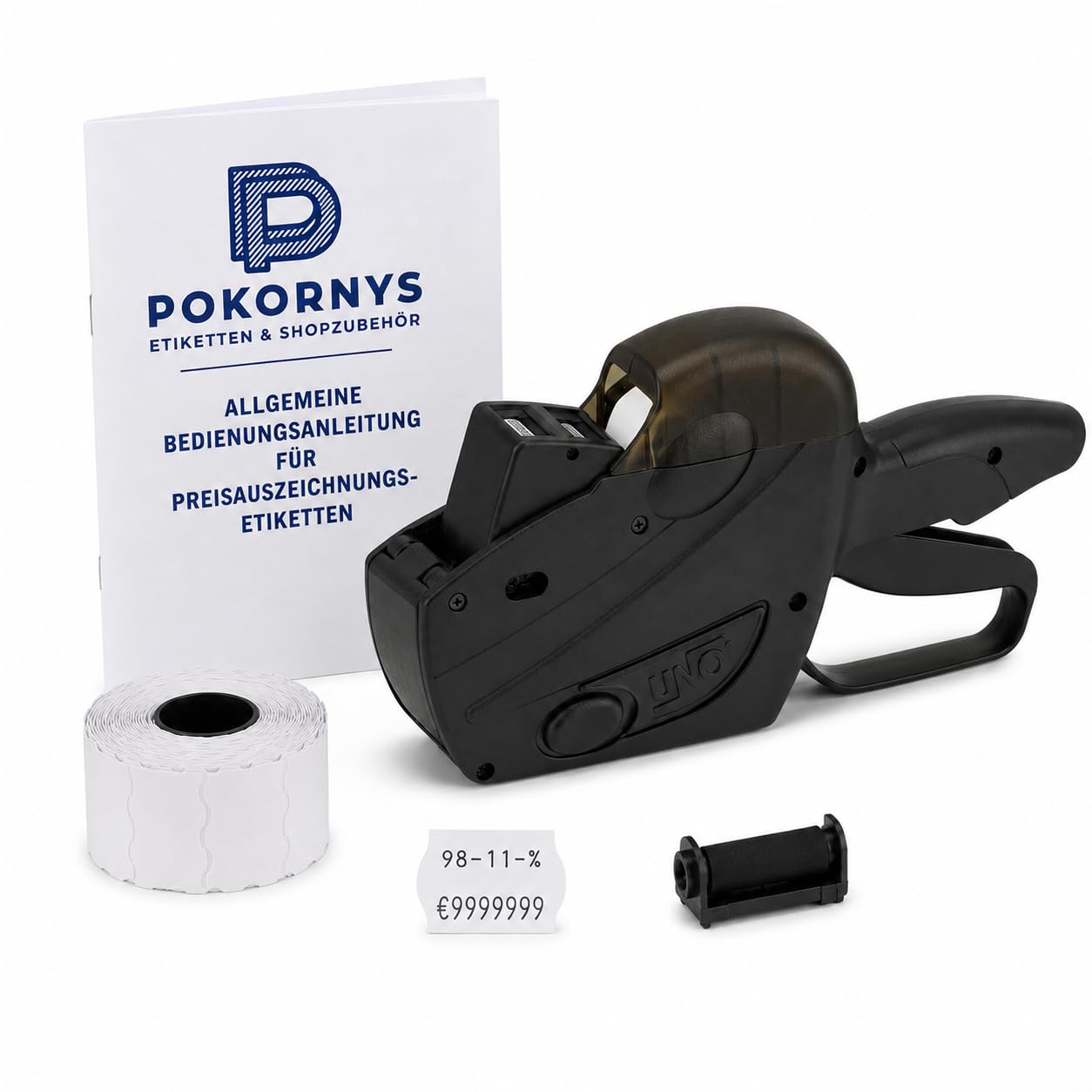 Pokornys Etichettatrice prezzi UNO S16 a 2 righe per etichette da 26 x 16 mm, etichettatrice manuale a 8 + 8 cifre per prezzo, data, MHD, codice articolo e sconto, con rotolo di etichette e colore