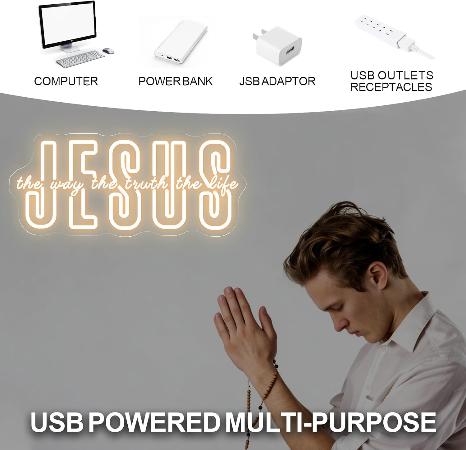JESUS Neon Sign, 17.7″ × 7.7″ Warm White LED Light, Religious Bible Verse LED for Bedroom, Prayer Room, Church, Living Room, Christian Home, Gift for Believers