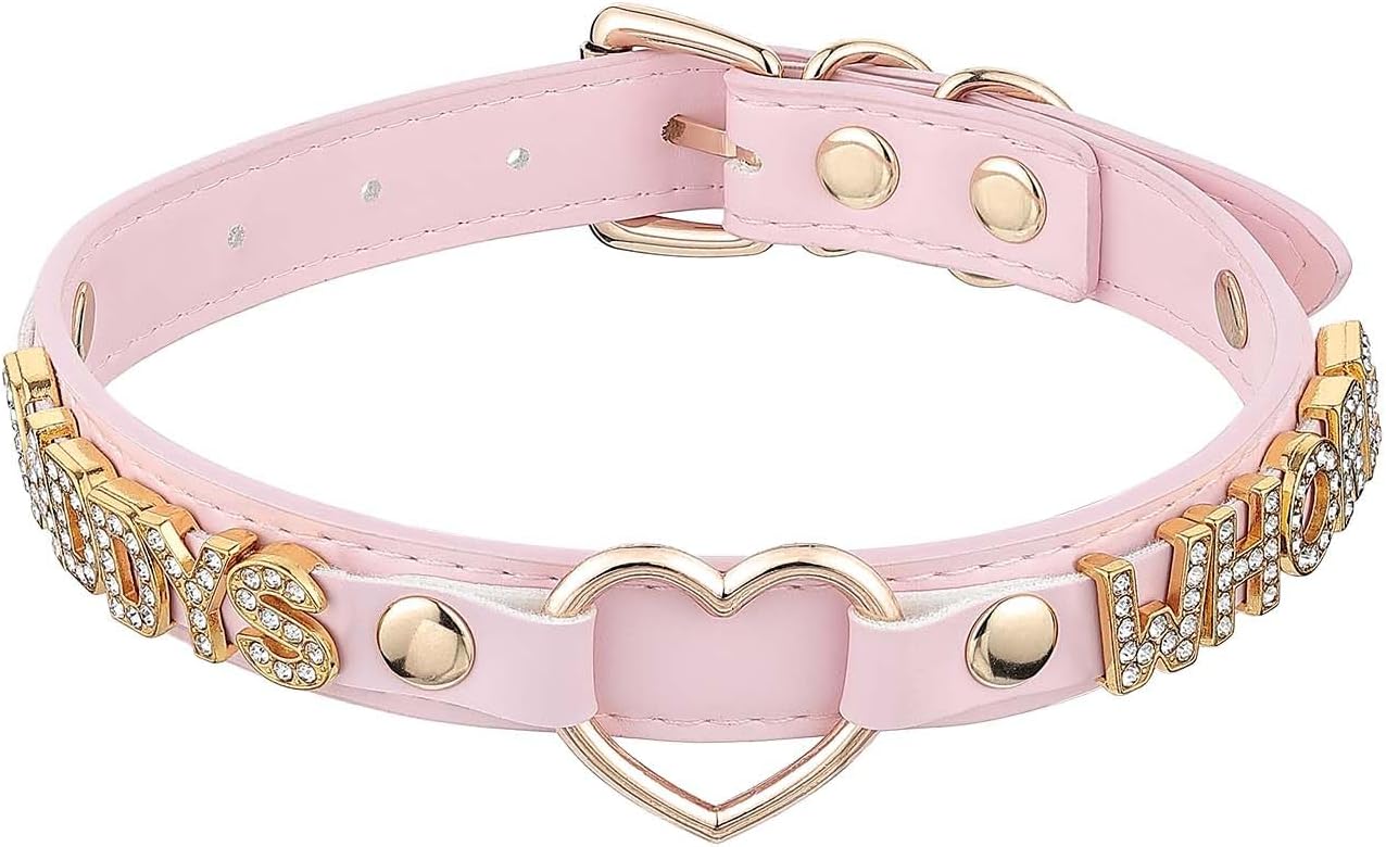 Handmade Gold Heart O-Ring Letter Choker Necklace for Women, Adjustable PU Leather Black/Pink Choker Collar For Women, Goth Choker Collars Necklace