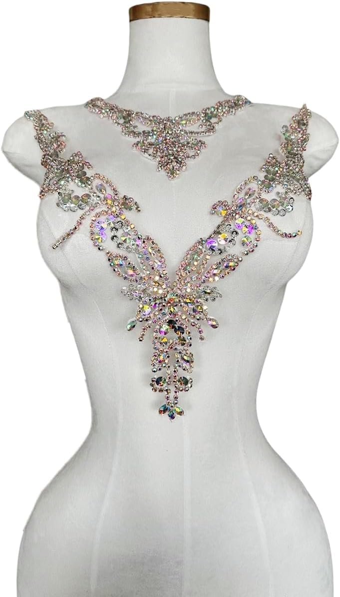 Pure Handmade Rhinestones lace Applique Accessories handsewing Beads Stones Trim Patches for Girl Wedding Dress 2PSC/Set (Clear AB)