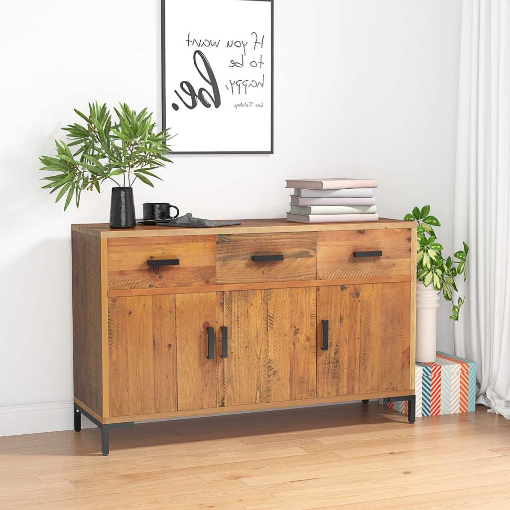 Vintage Solid Pinewood Sideboard with Distressed Brown Finish, 4 Storage Compartments Including 3 Drawers and 2 Solid Wood Doors for Living Room or Dining Area, Rustic