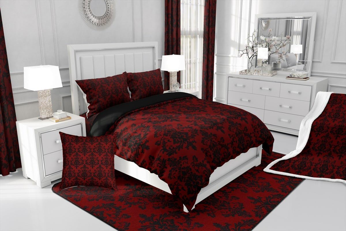 Red Black Damask Duvet Cover Set King Size,Vintage Gothic Lace Floral Print Reversible Comforter Cover with 2 Pillowcases,Antique Victorian Baroque Boho Style Soft Quilt Cover Set (NO Comforter)