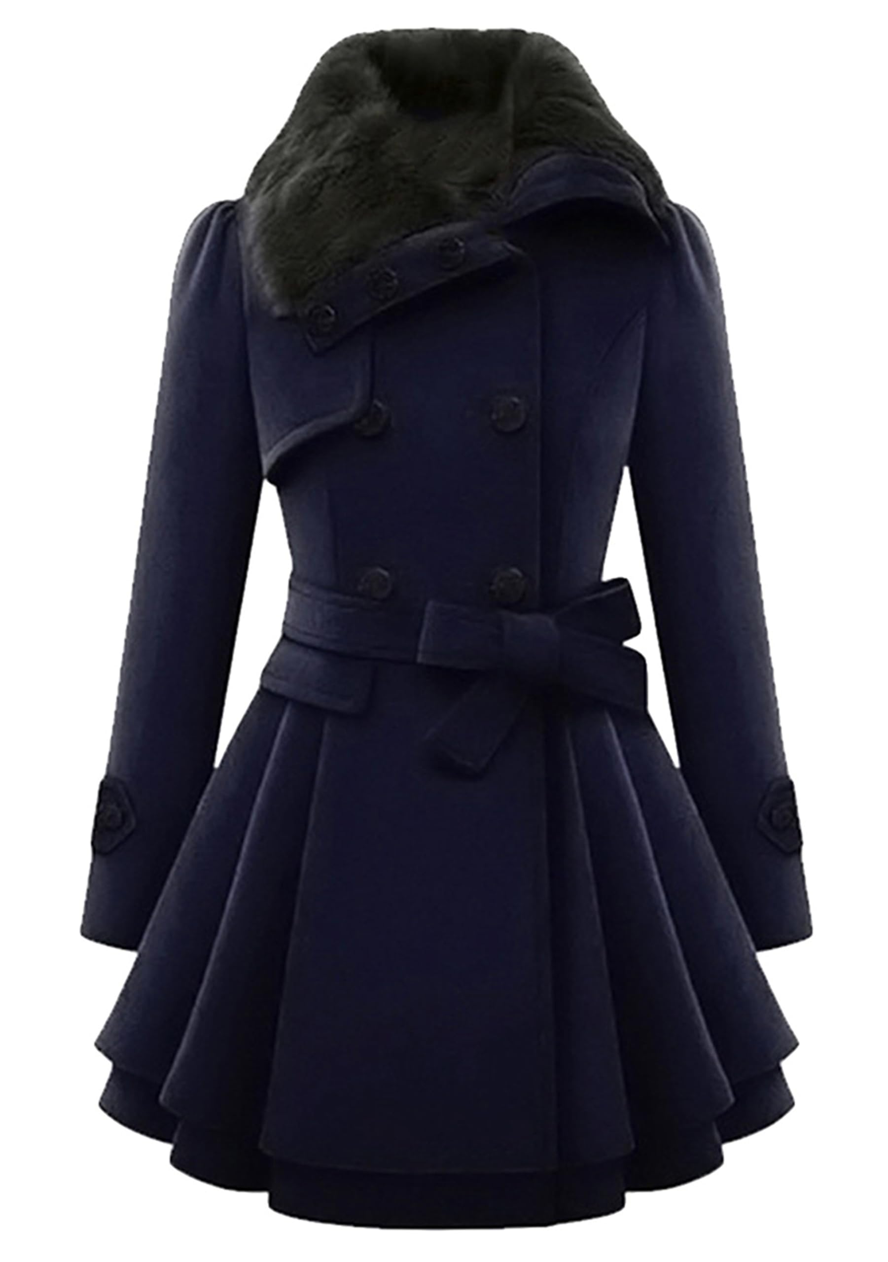 BOFETA Damen Kunstpelz Revers Wollmischung Erbsenmantel Doppelreihiger Plissierter Trenchcoat Jacke Mit Gürtel