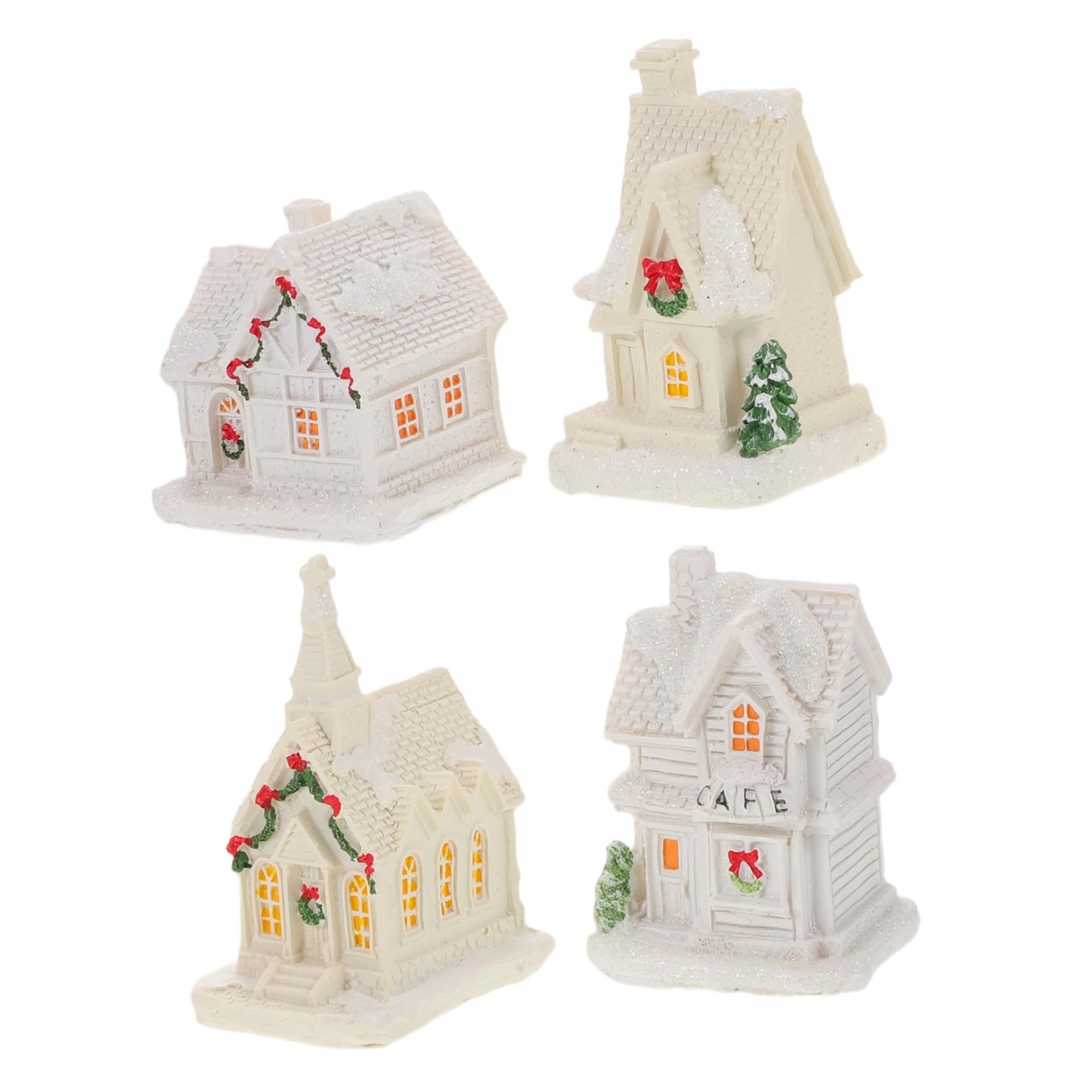 Cabaña iluminada de resina en pack de 4 piezas para adornos navideños mini