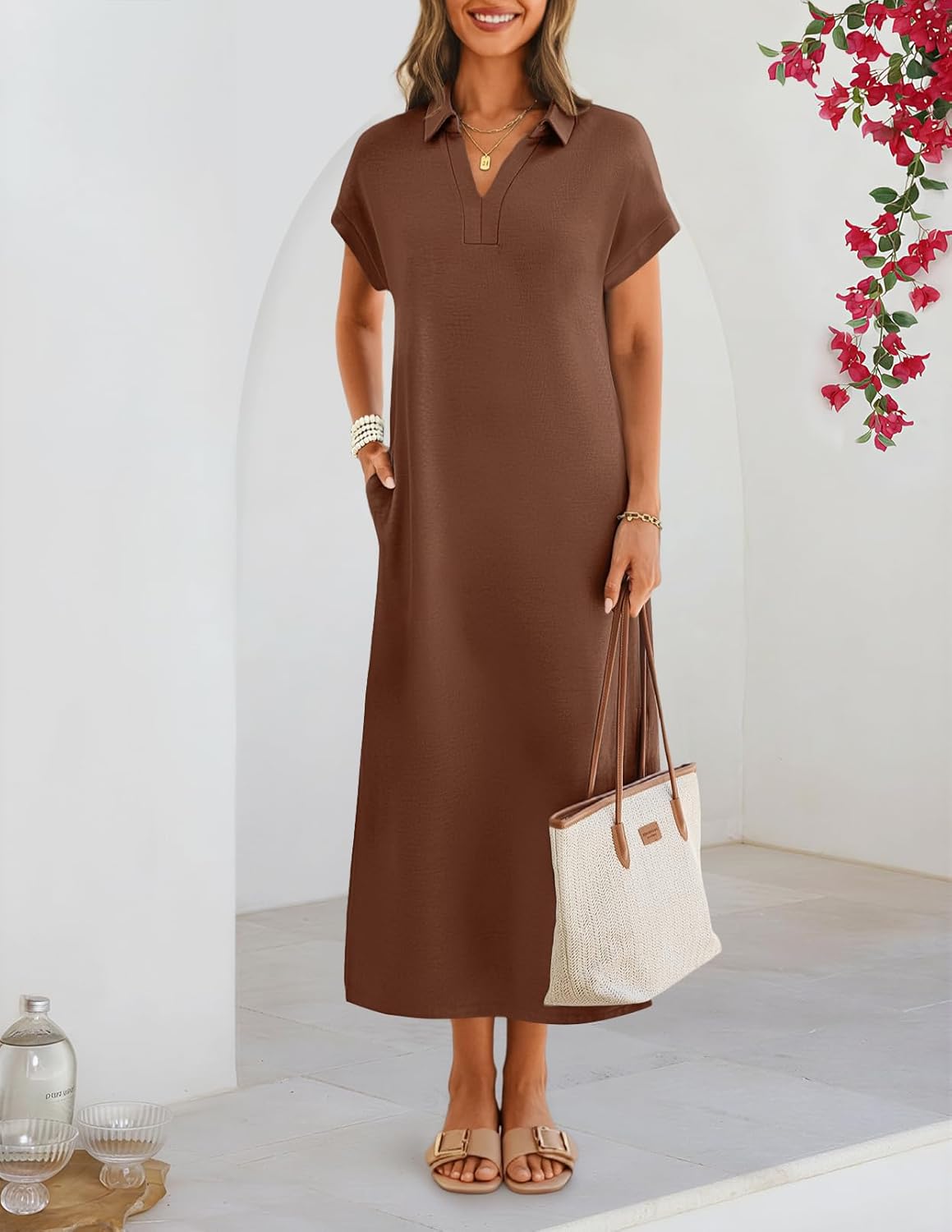 MEROKEETY Women's Summer Casual Maxi Dress 2026 Cap Sleeve V Neck Collared Beach Vacation T Shirt Long Dresses - Image 2