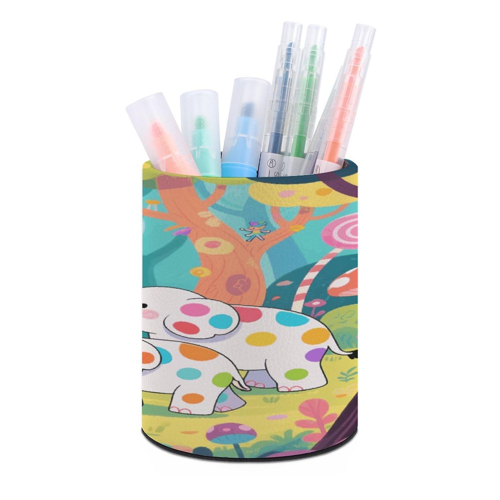 VstaDank - Round Elephant Pencil Holder PU Leather Desk Organizer for Desk Office Desk Decor (3.1" x 3.9")