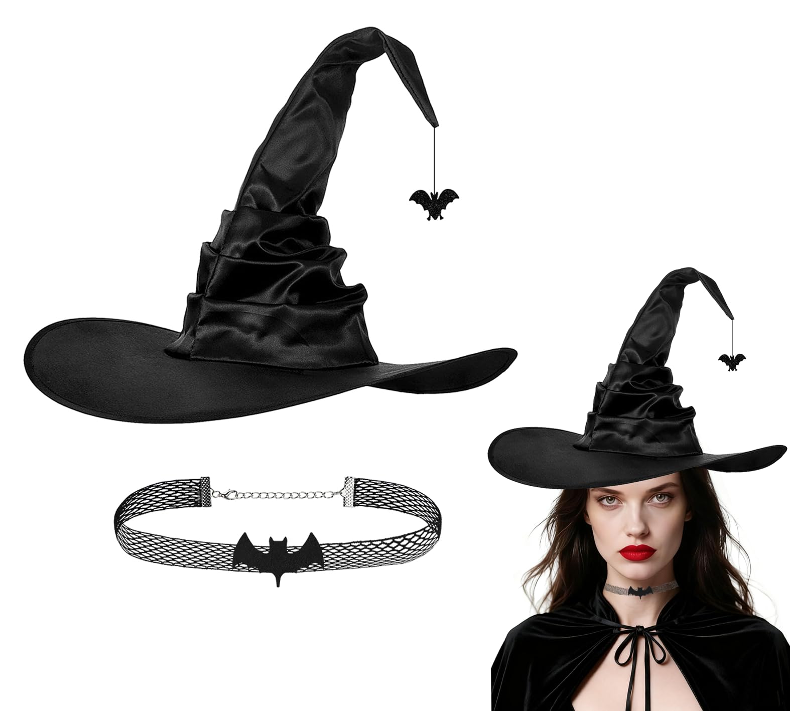 IBLUELOVER Spooky Witch Hat & Choker Set - Elegant Pointed Wizard Hat with Bat Pendant Necklace, Gothic Halloween Costume Accessories for Women, Cosplay Dress Up Party Props