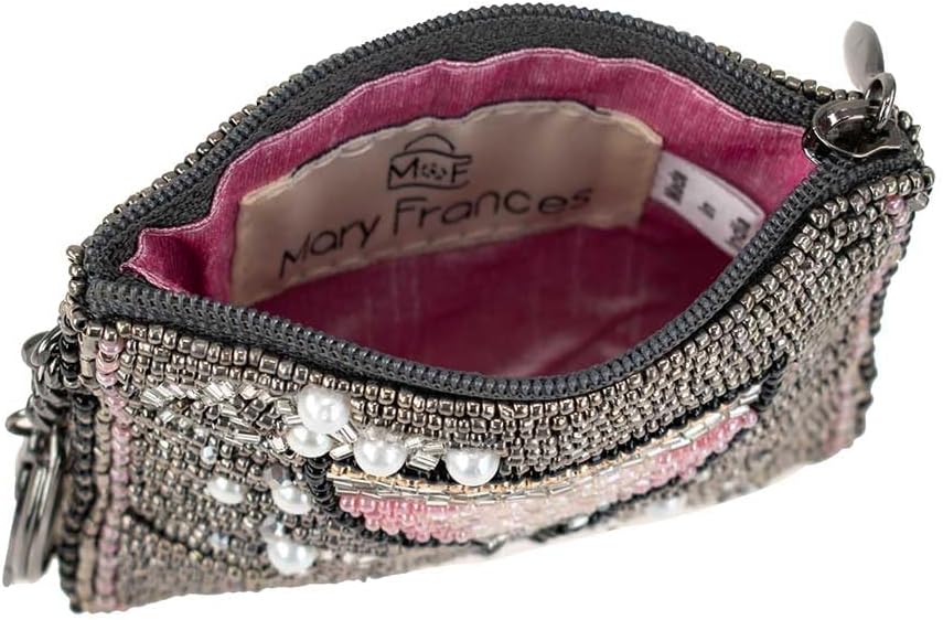 Mary Frances Pink Champagne Beaded Coin Purse Keychain Accessory Mini Bag Charm with Key Ring, Pewter