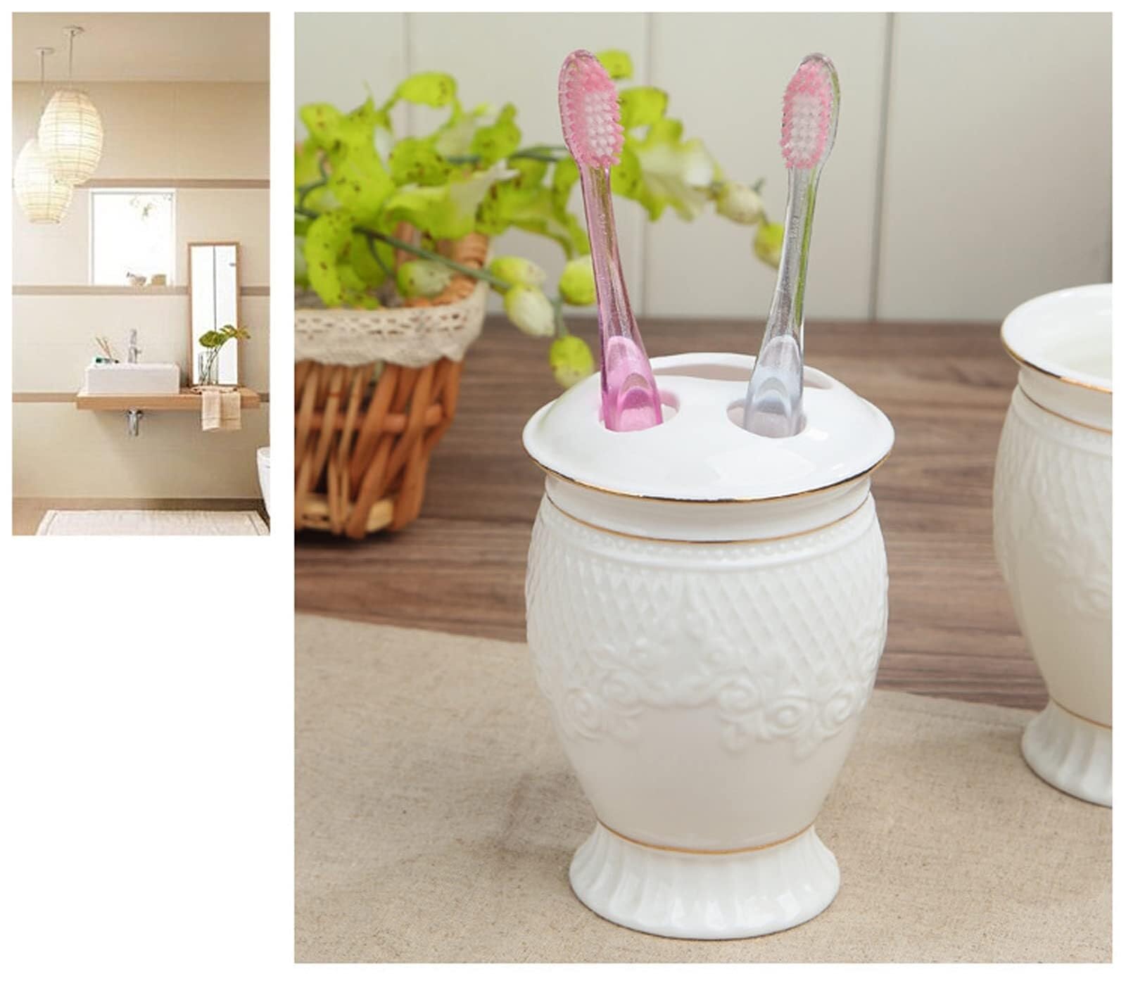 Set di accessori per il bagno 5 pezzi in ceramica includono dispenser for lozione, porta spazzolino da denti e 2 bicchieri sapone Arredamento per gli affittuari