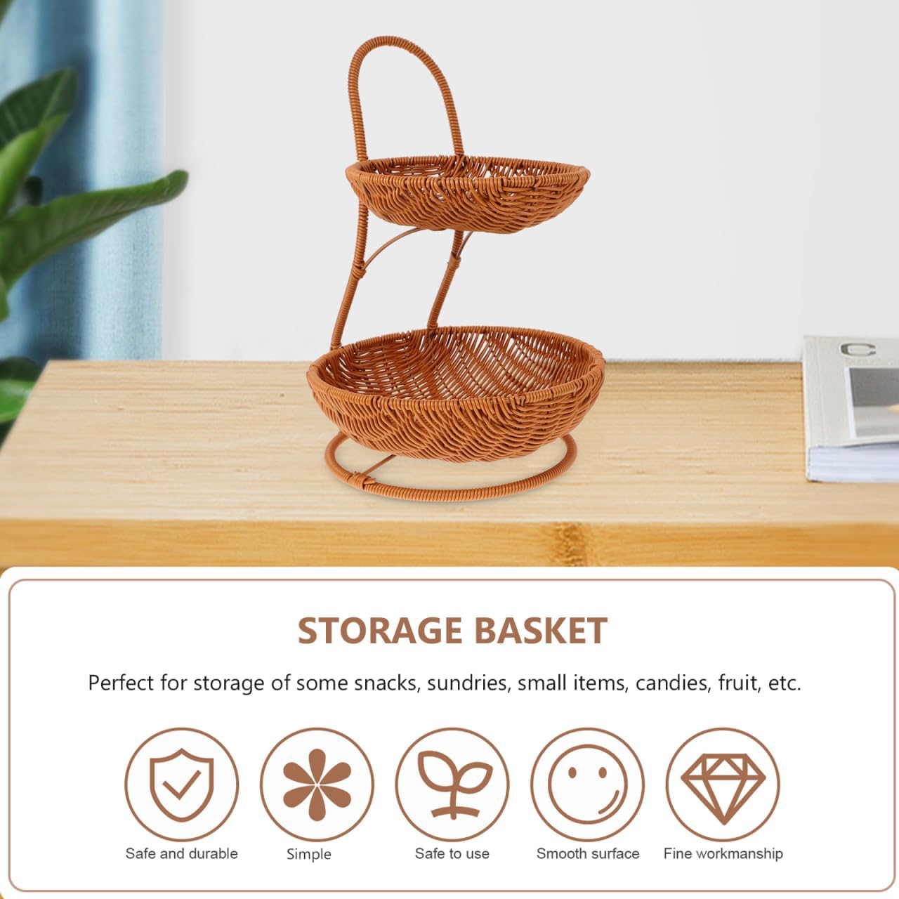 VOSAREA 2 Tier Fruit Basket, Natural Wicker Bread, Rattan Weaving Serving Standing Tray Willow Food Storage for Serving Vegetable Kitchen Home
