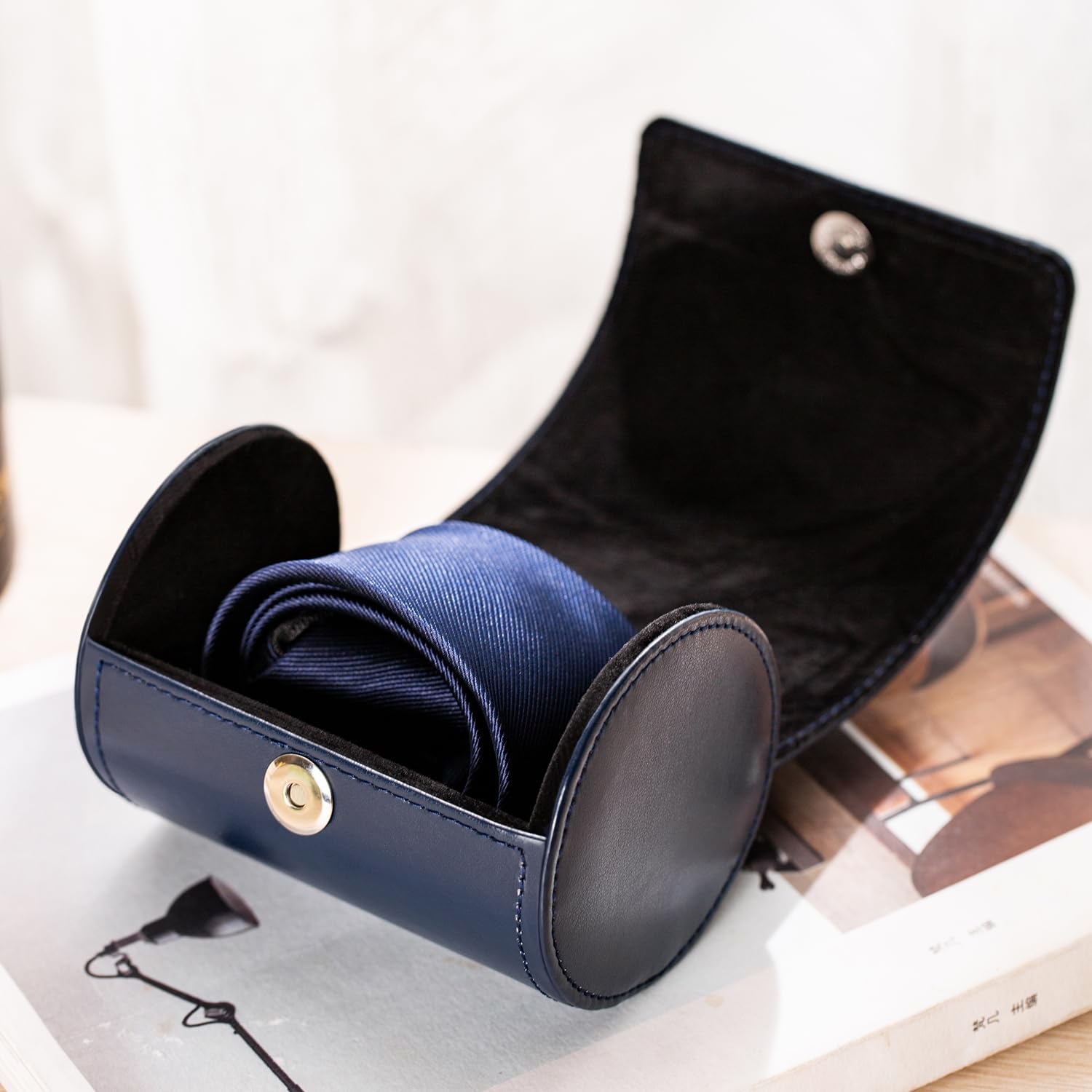 Tie Box for Travel Men's PU Leather Blue Ties Case Necktie Organizer Roll