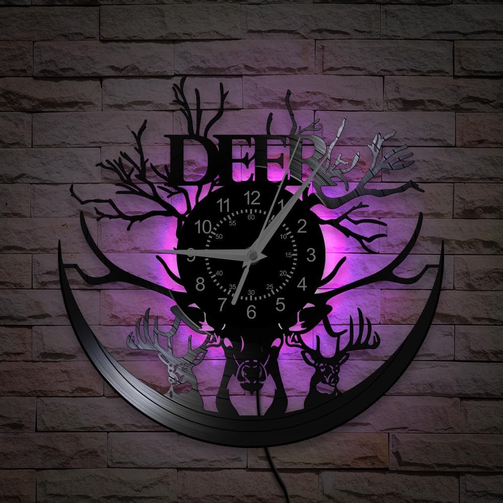 Deer Wall Clock, 12 Inch 7 Colors LED Deer Hunt Vinyl Record Wall Clock Silent Non Ticking, Vintage Decorative Animal Antlers Night Light Wall Watch Clock for Living Room Bedroom Hunter Gift