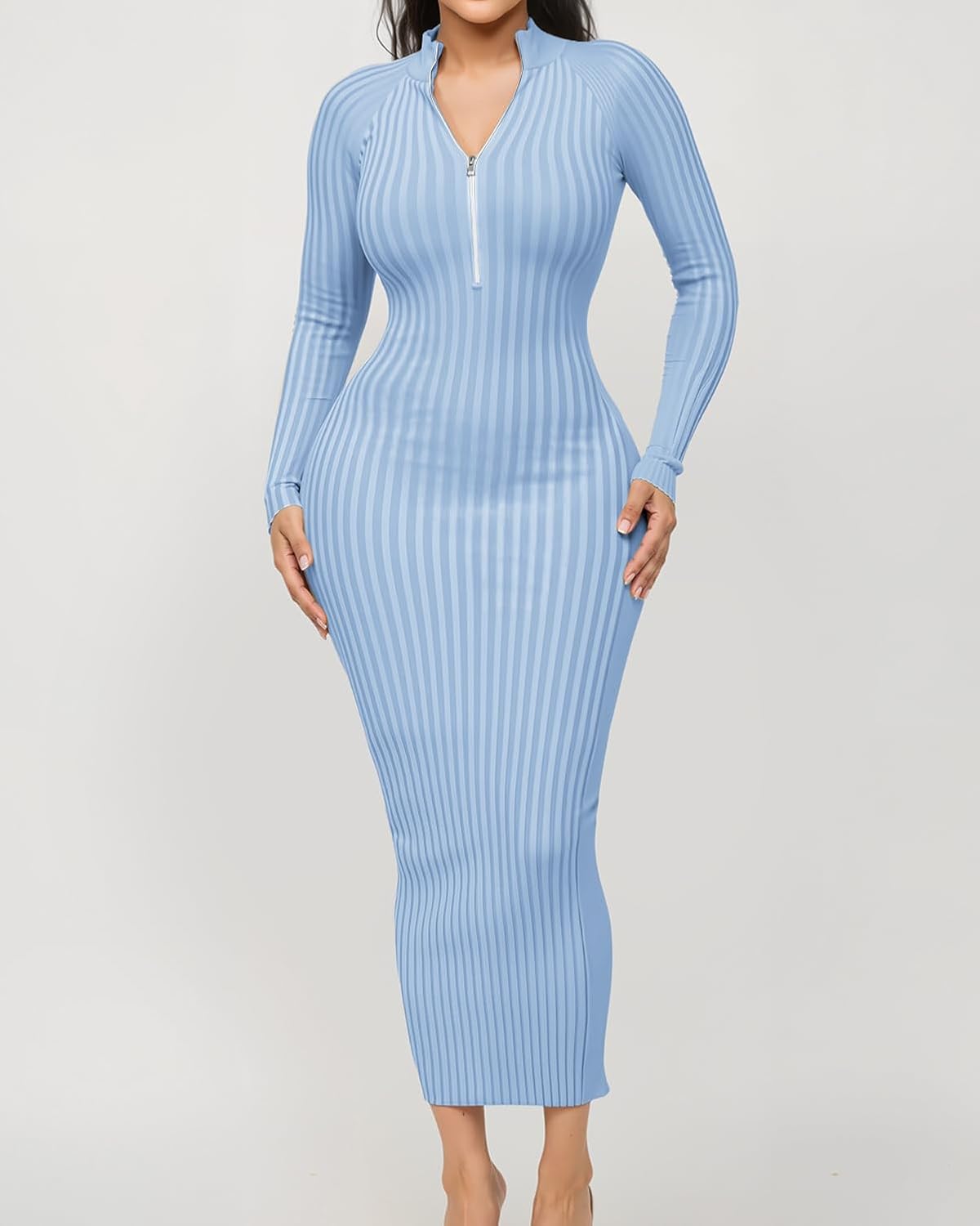 Fastkoala Women's Sexy Ribbed Bodycon Dress Solid Color Long Sleeve Slim Fit Midi Lilac Night Club Party Dresses - Image 3